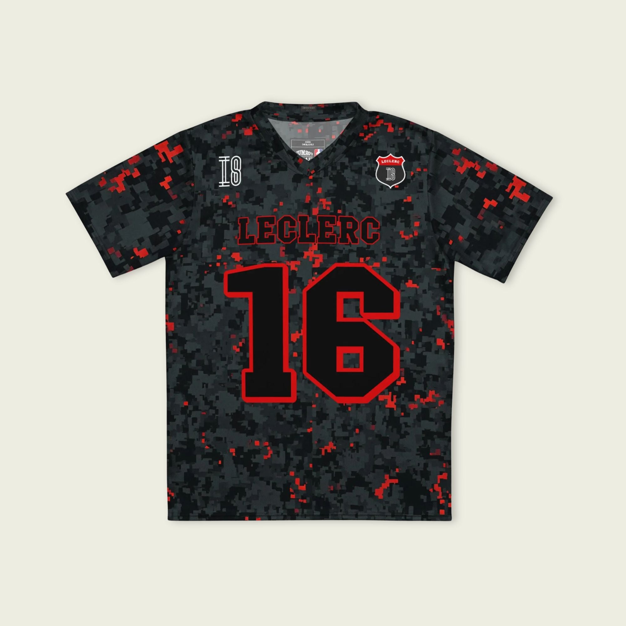 A camoflauge ferrari red and black digital camo styled football jersey with  Charles Leclerc's Ferrari  F1 Racing number 16  on the front and back.