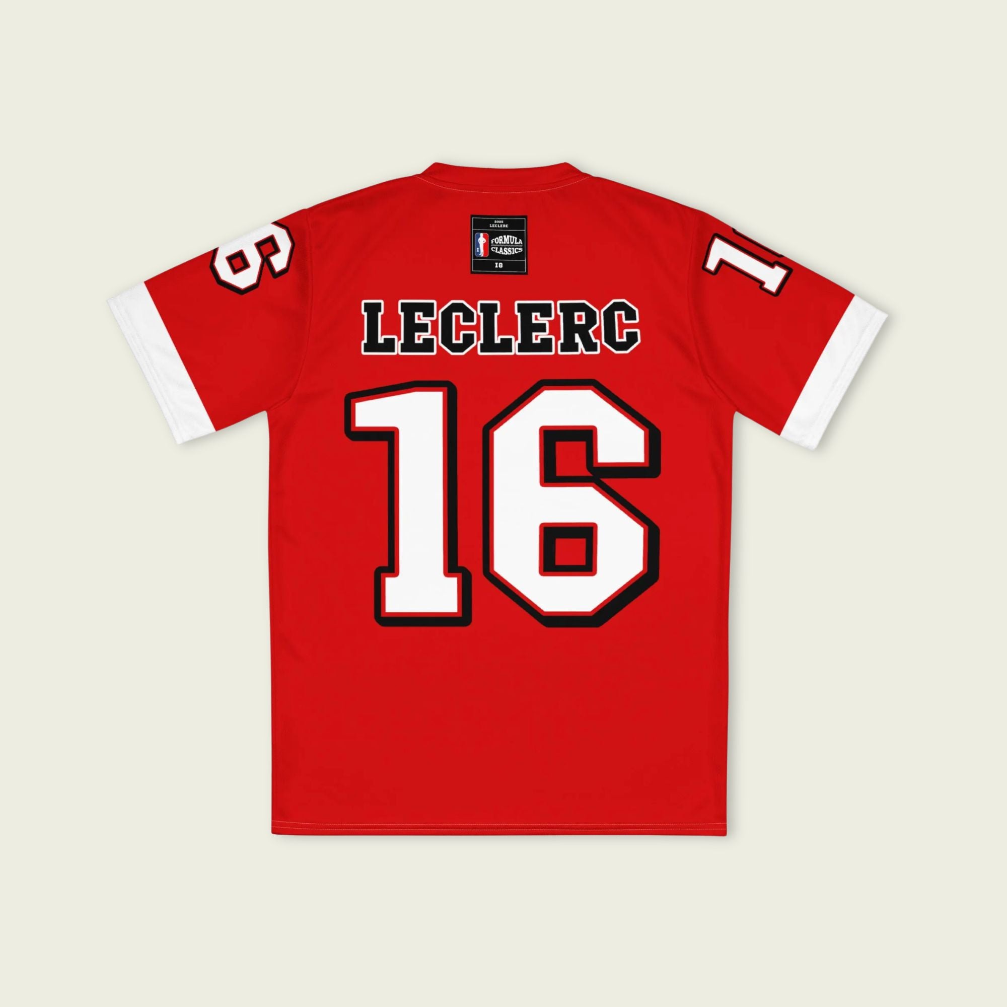 A red and white football jersey with Charles Leclerc's Ferrari  F1 racing number 16 on the back and front in white. It has the name Leclerc in black on the front and back as well.