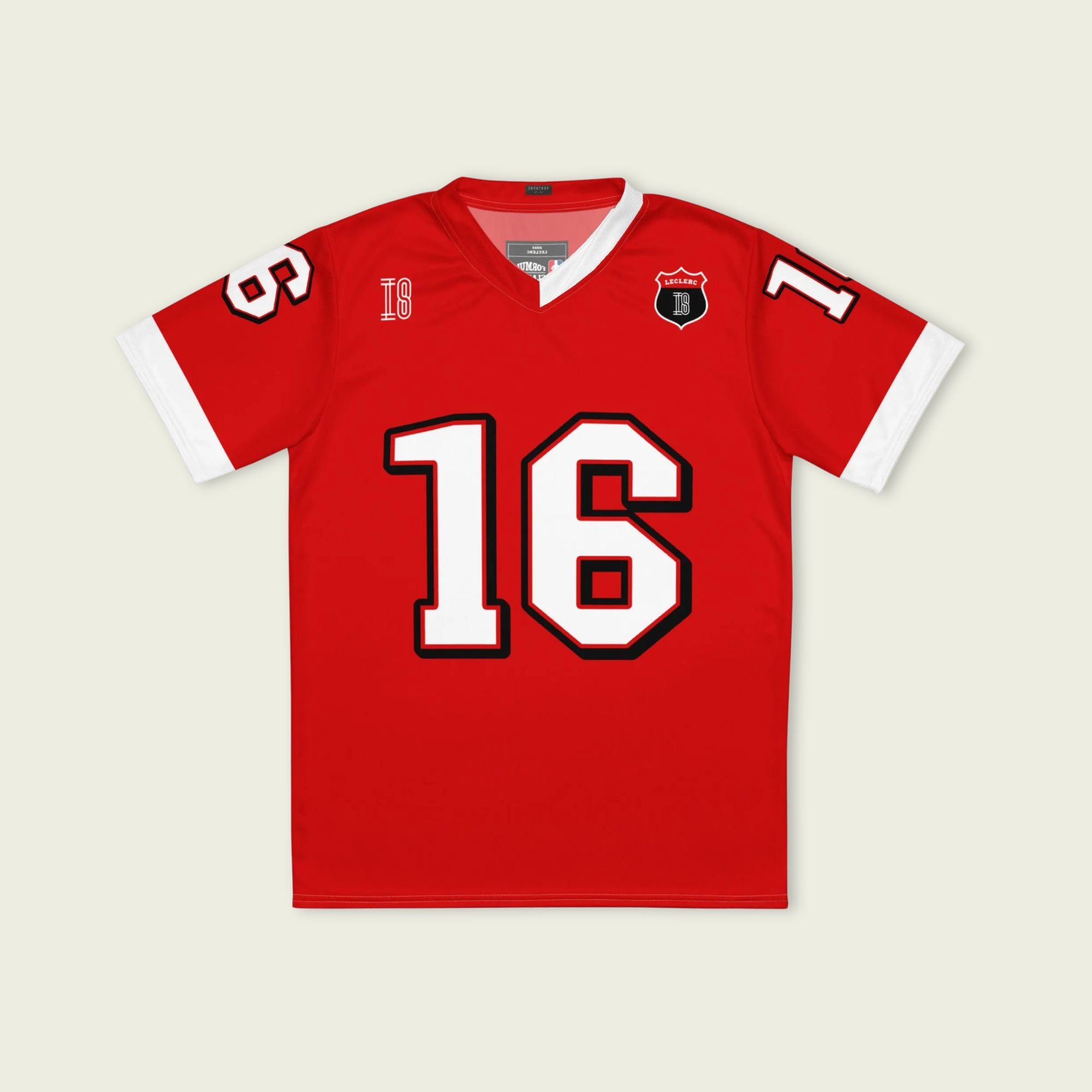 A red and white football jersey with Charles Leclerc's Ferrari  F1 racing number 16 on the back and front in white. It has the name Leclerc in black on the front and back as well.