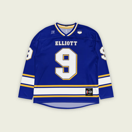 A Navy blue, white, and gold hockey jersey showing Chase Elliot's Nascar racing number 9 on the front and back with his name as well.