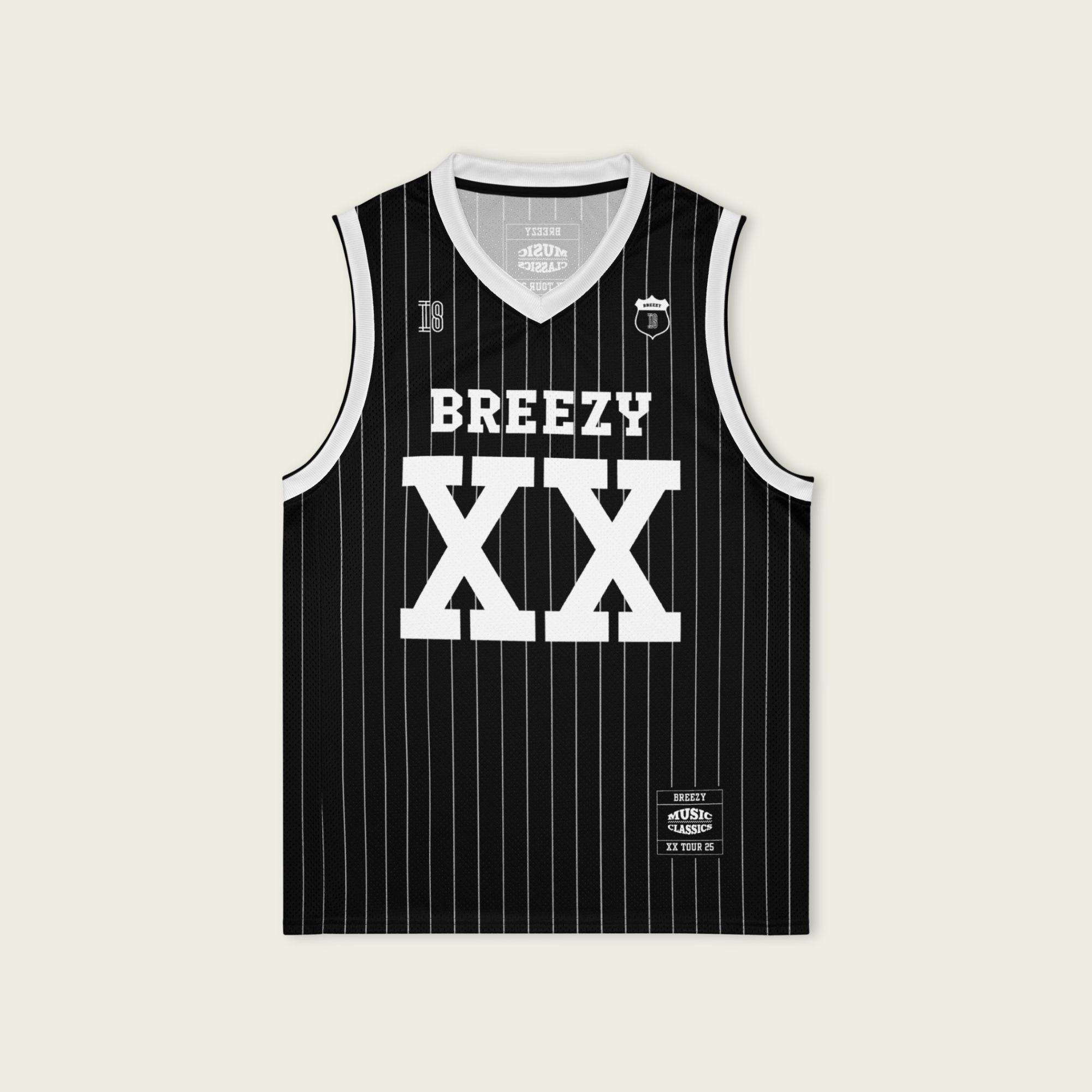 A black and white pin striped basketball Jersey with Chris Brown's Breezy name on the front and back and XX for his 11-11 tour in white, both on the front and back.