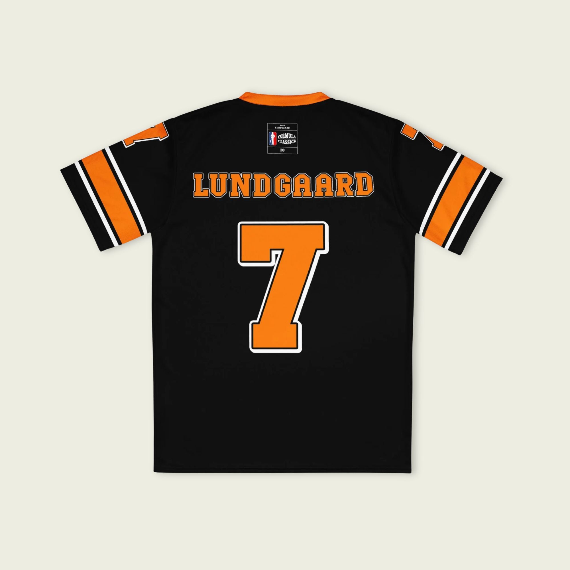 A black and orange football jersey with Christian Lundgaard Arrow McLaren Indycar racing number 7 in orange.