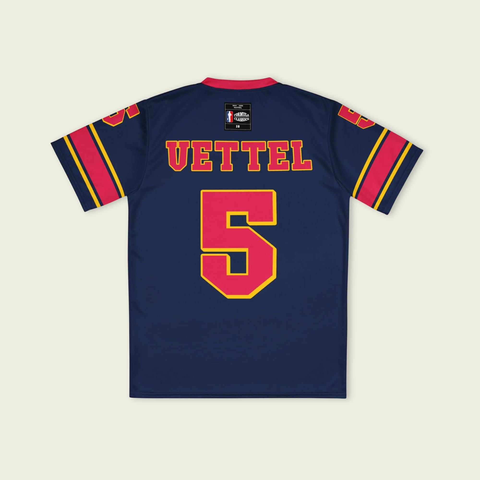 A navy blue football jersey with sebastian vetel redbull  F1 Racing number 5 on the front and back.
