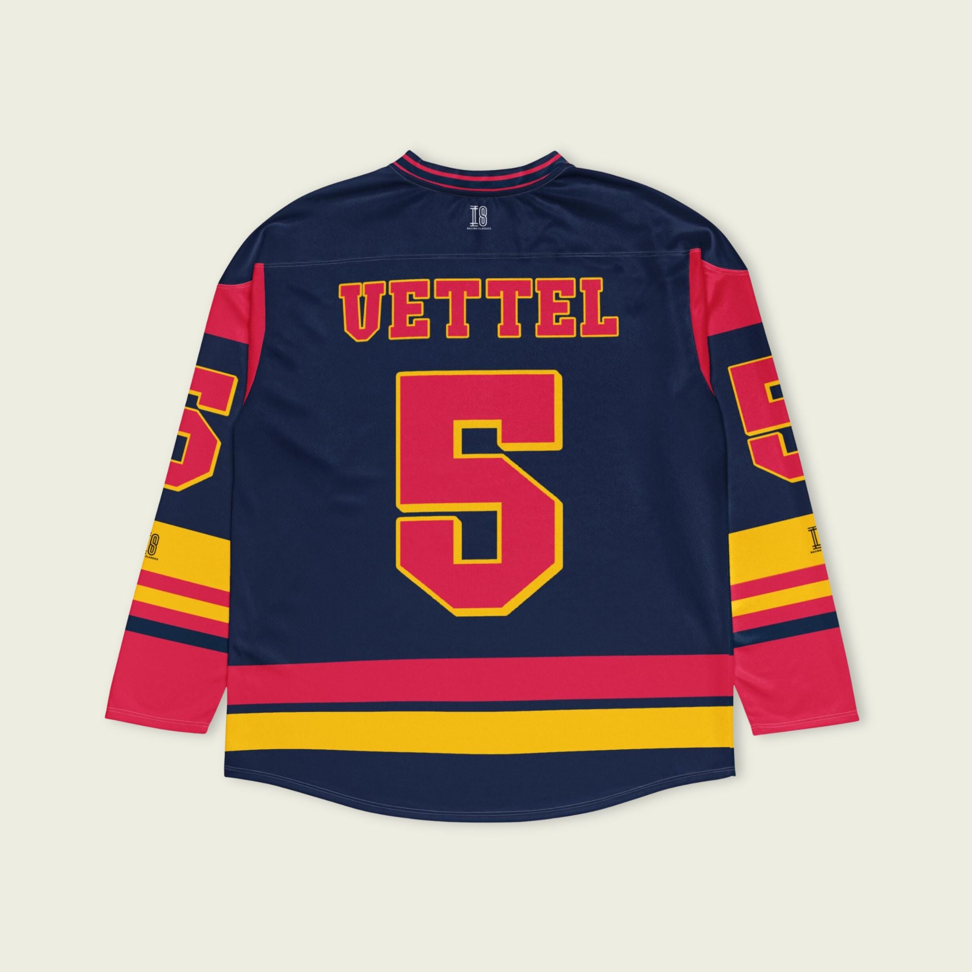 A black hockey jersey with Sebastian Vettel's redbull F1 racing number 5 on the front and the black and the arm.