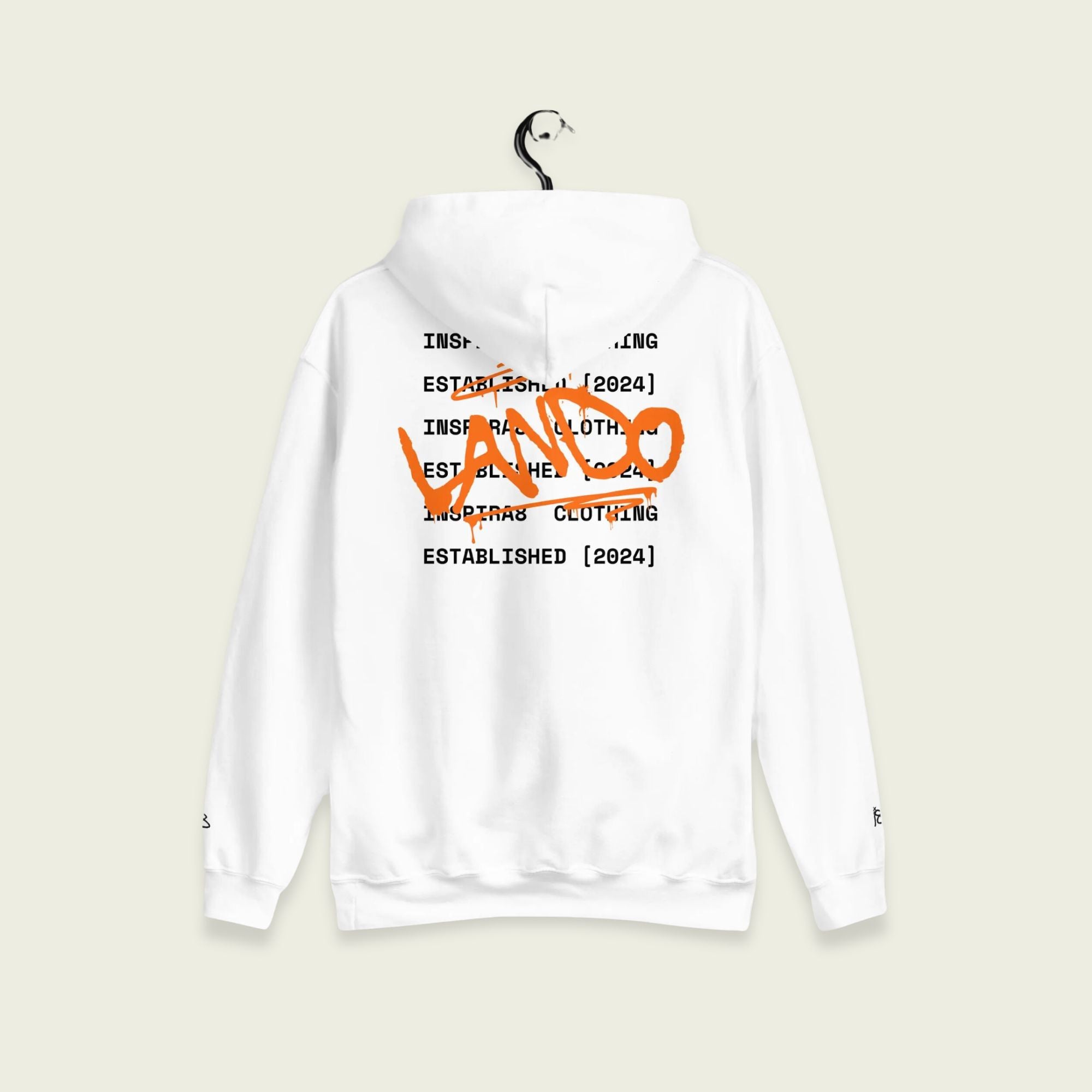 A white hoodie with text Lando on the front in grafiti and on the back. With the words inspira8 clothing ltd