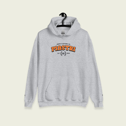 A gray varsity hoodie with Oscar Piastri's name on the front in papaya orange on the front.
