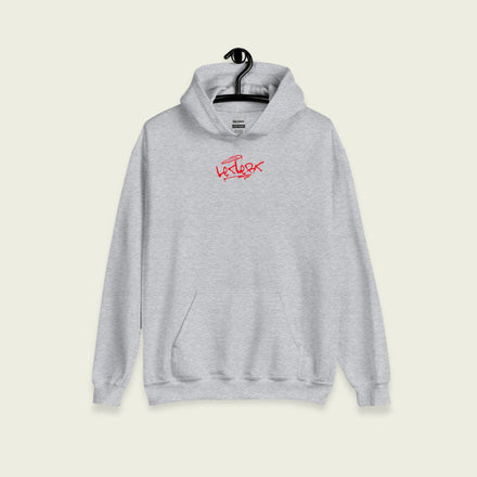 A gray hoodie with text leclerc on the front in grafiti and on the back. With the words inspira8 clothing ltd