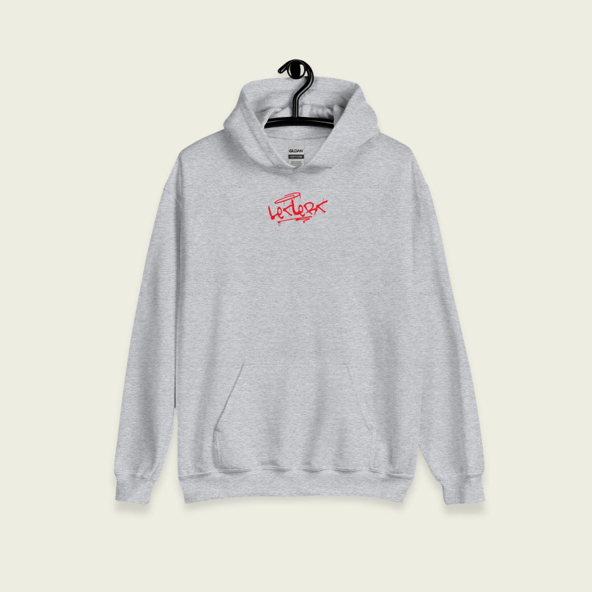 A gray hoodie with text leclerc on the front in grafiti and on the back. With the words inspira8 clothing ltd