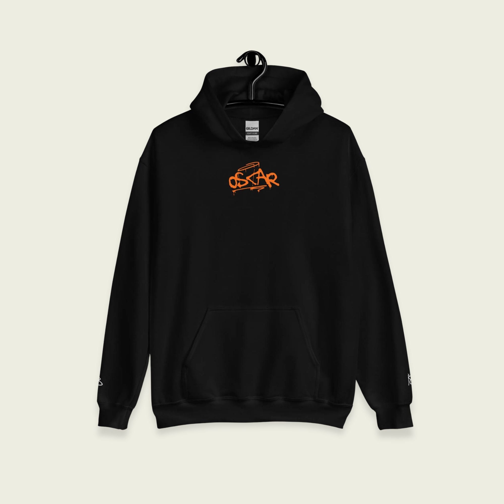 A black hoodie with text oscar on the front in grafiti and on the back. With the words inspira8 clothing ltd