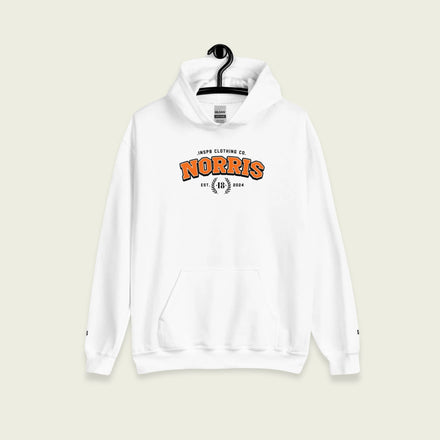 A white hoodie with the text Norris in a varisty style on the front. Its colored in papaya orange with a black outline