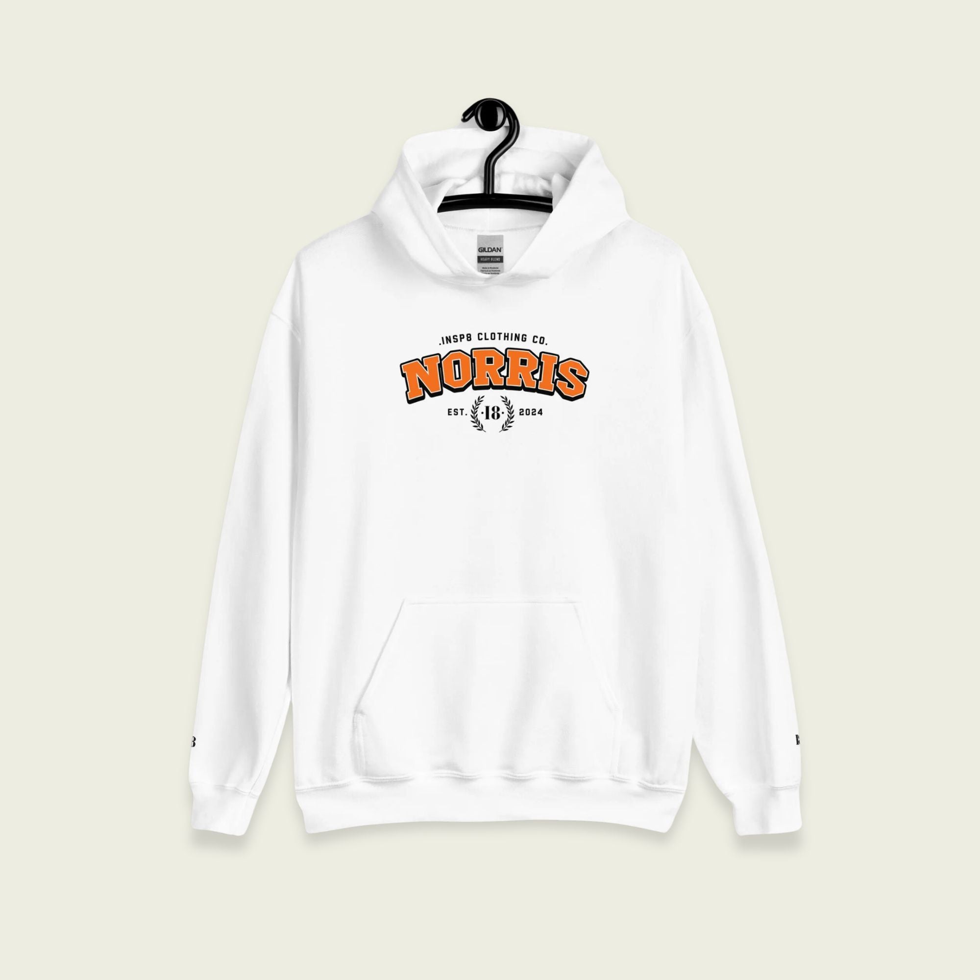 A white hoodie with the text Norris in a varisty style on the front. Its colored in papaya orange with a black outline