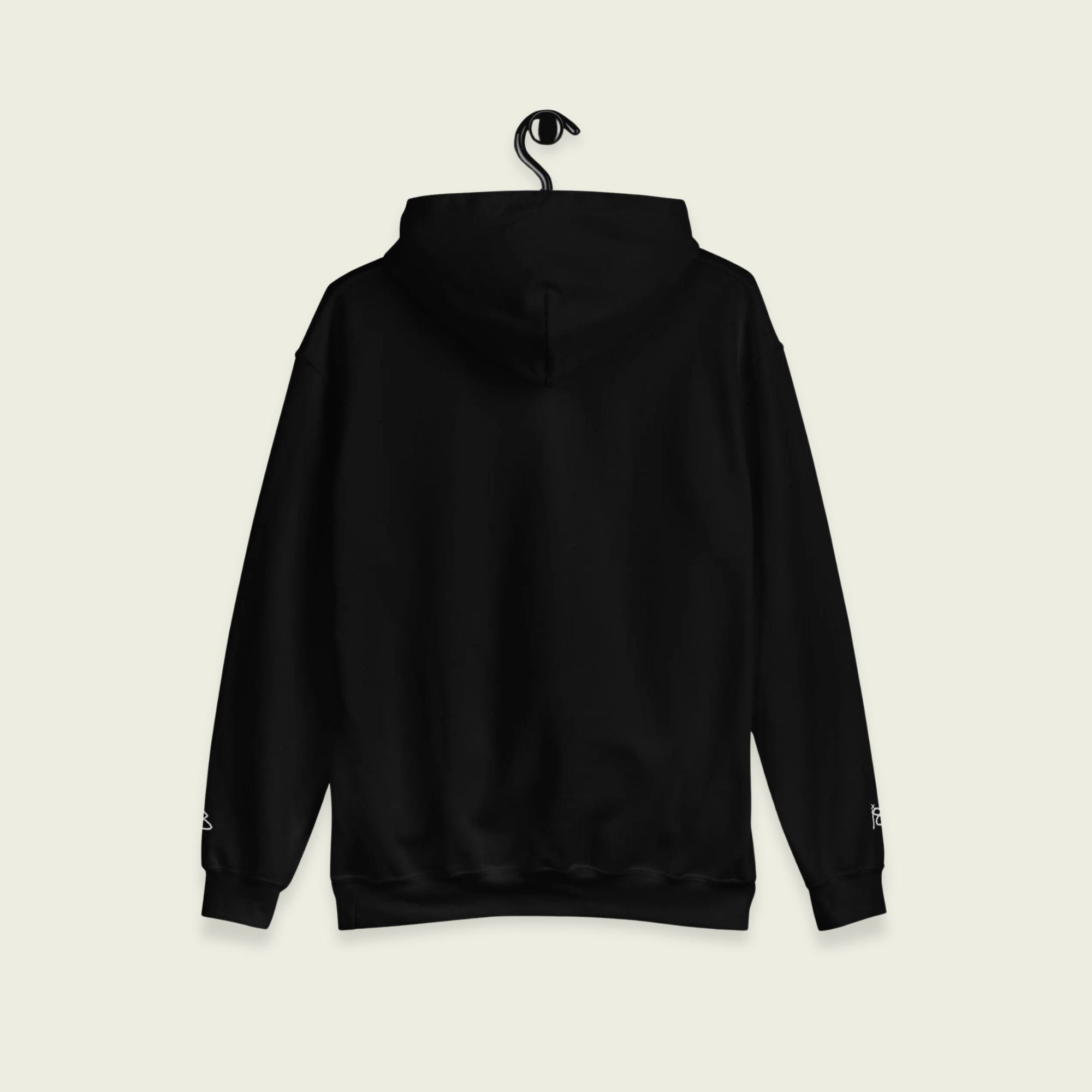 A black hoodie with the text Lando in paparay orange on the front in a spray paint font.