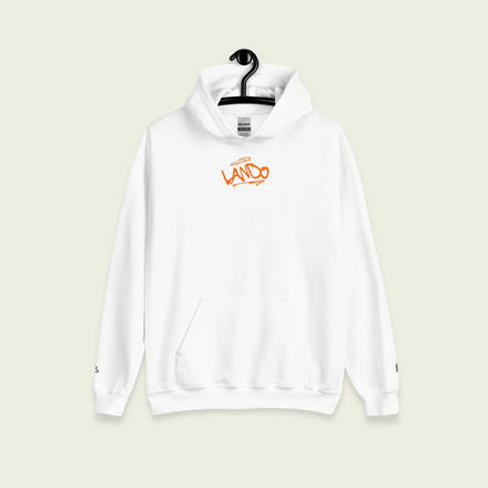 A white hoodie with text Lando on the front in grafiti and on the back. With the words inspira8 clothing ltd