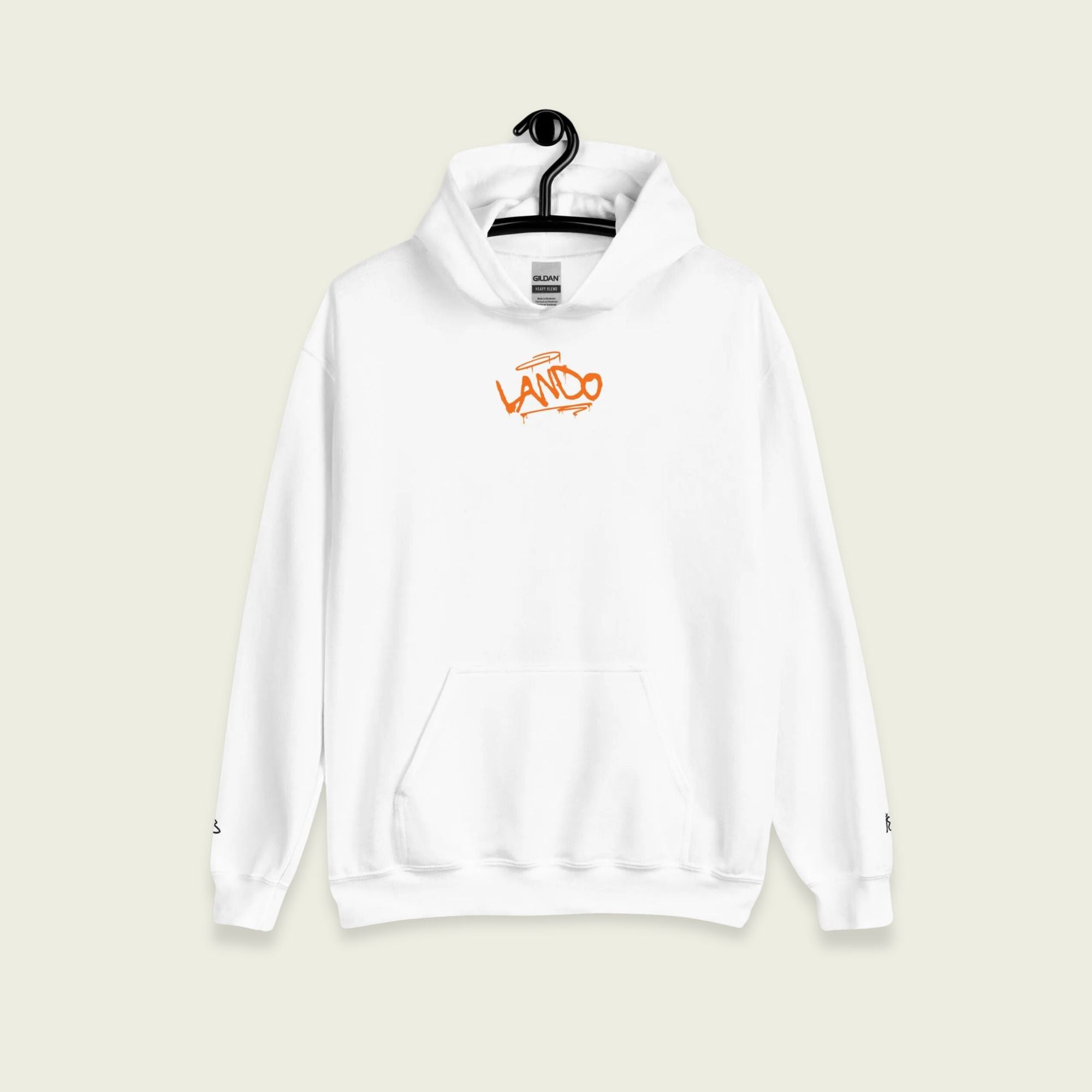 A white hoodie with text Lando on the front in grafiti and on the back. With the words inspira8 clothing ltd
