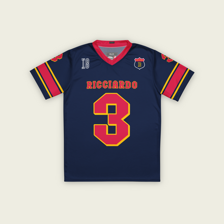 A navy blue and red football jersey with Daniel Ricciardo's Redbull F1 racing number in red on the front and back.