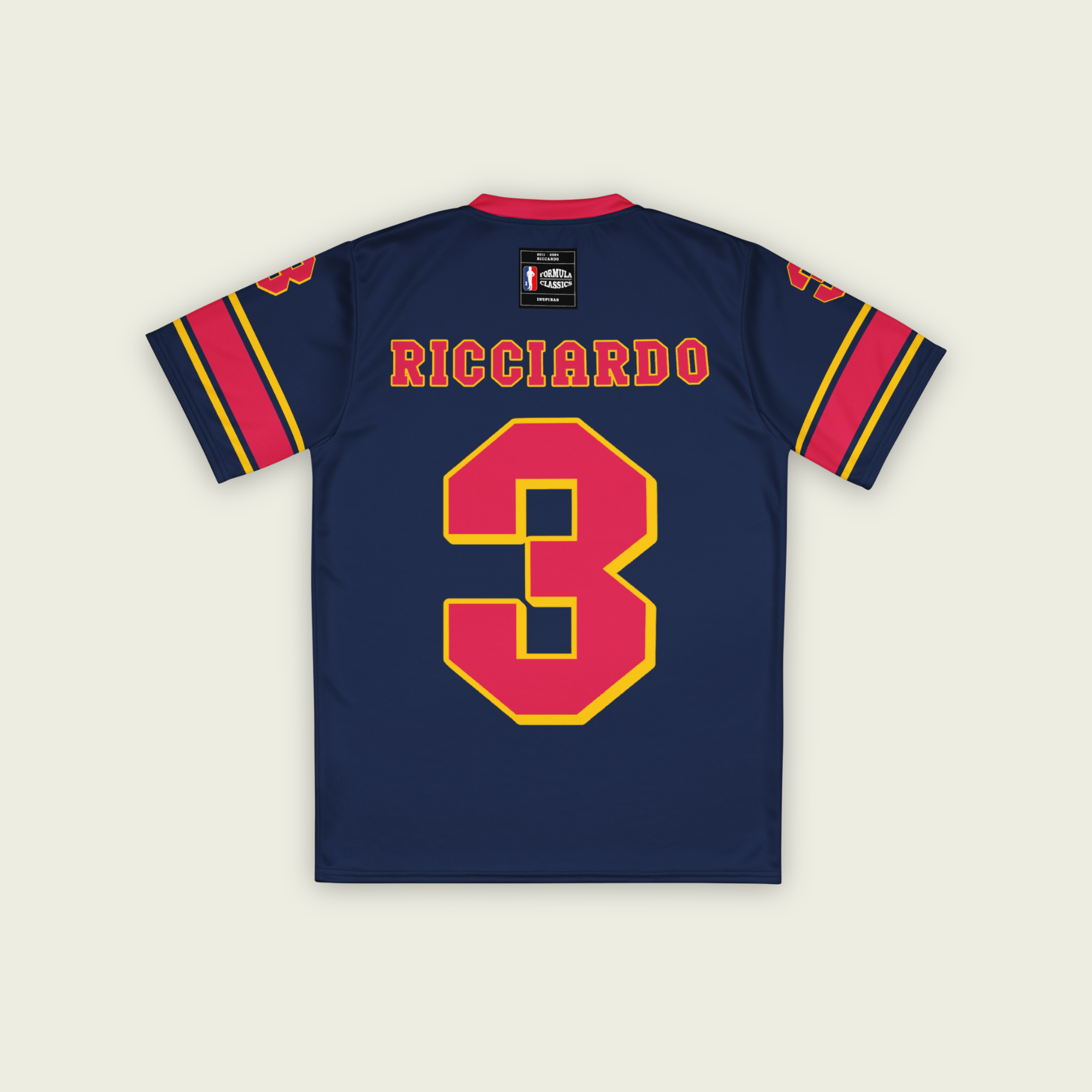 A navy blue and red football jersey with Daniel Ricciardo's Redbull F1 racing number in red on the front and back.