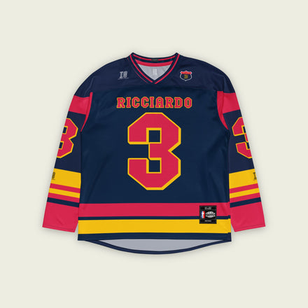 A navy blue hockey jersey with Daniel Ricciardo's Redbull F1 racing number 3 in red on the front and back. It has the name Ricciardo on the back and front in red as well.