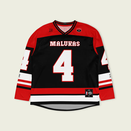 A black, red and white hockey jersey with David Malukas's name and indycar racing number 4 on the front and back in white with a red outline.