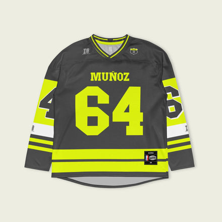 A Grey and highlight yellow hockey jersey with Daivd Munuzs name and moto gp racing number 64 on the front and back in yellow.