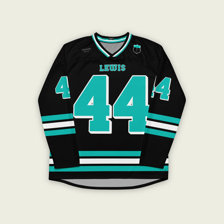 A black hockey jersey with three stipes on the bottom the middle one is white and the bottom and top are highligh blue / green. It has the number 44 that Lewis Hamilton races with in F1 that is filled with highlight blue/green and a white outline, it is displayed on the back and front. Also there is text on the front and back "Lewis"
