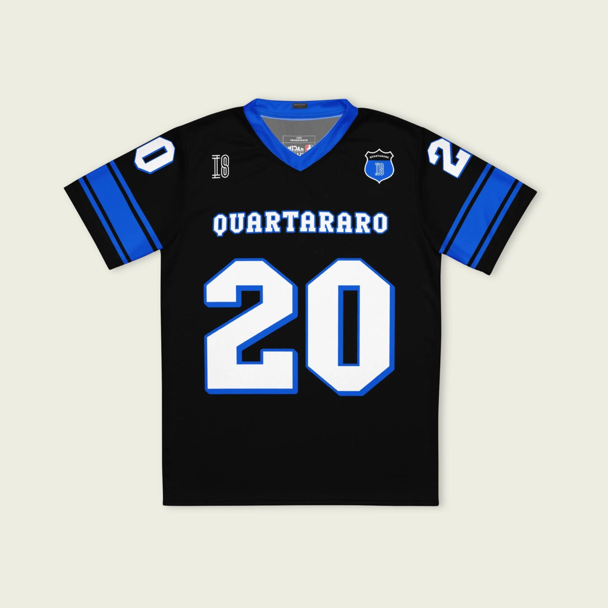 A black and blue football jersey with Fabio Quartararo  Moto GP racing number 20 in white with a blue outline.
