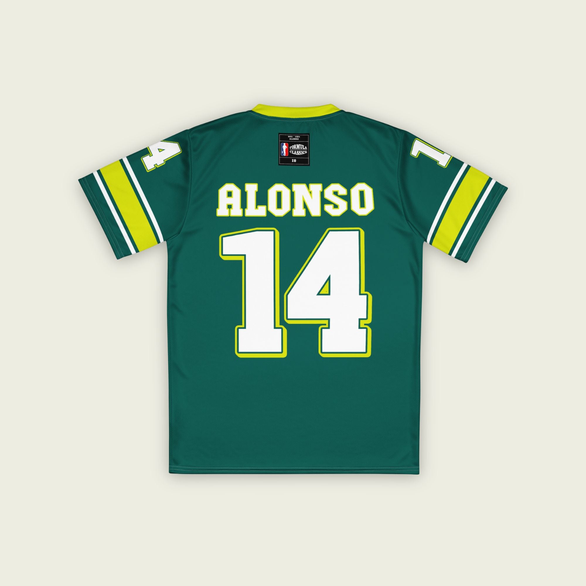 A dark green and highlight yellow football jersey with Fernando Alonso's Aston Martin F1 racing numer 14 on the front and back in white.