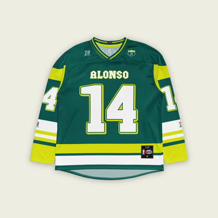 A British Green hockey jersey with Fernando Alonso's Aston Martin F1 racing number 14 in white on the front and back. It has the name Alonso on the back and front in white as well.
