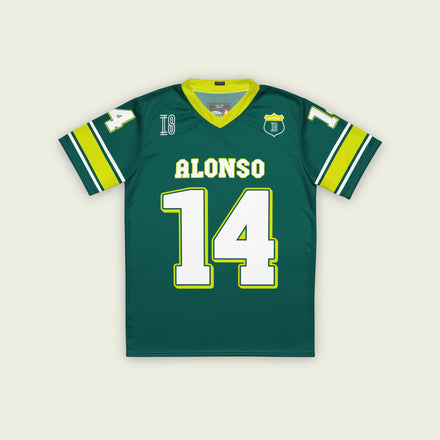 A dark green and highlight yellow football jersey with Fernando Alonso's Aston Martin F1 racing numer 14 on the front and back in white.
