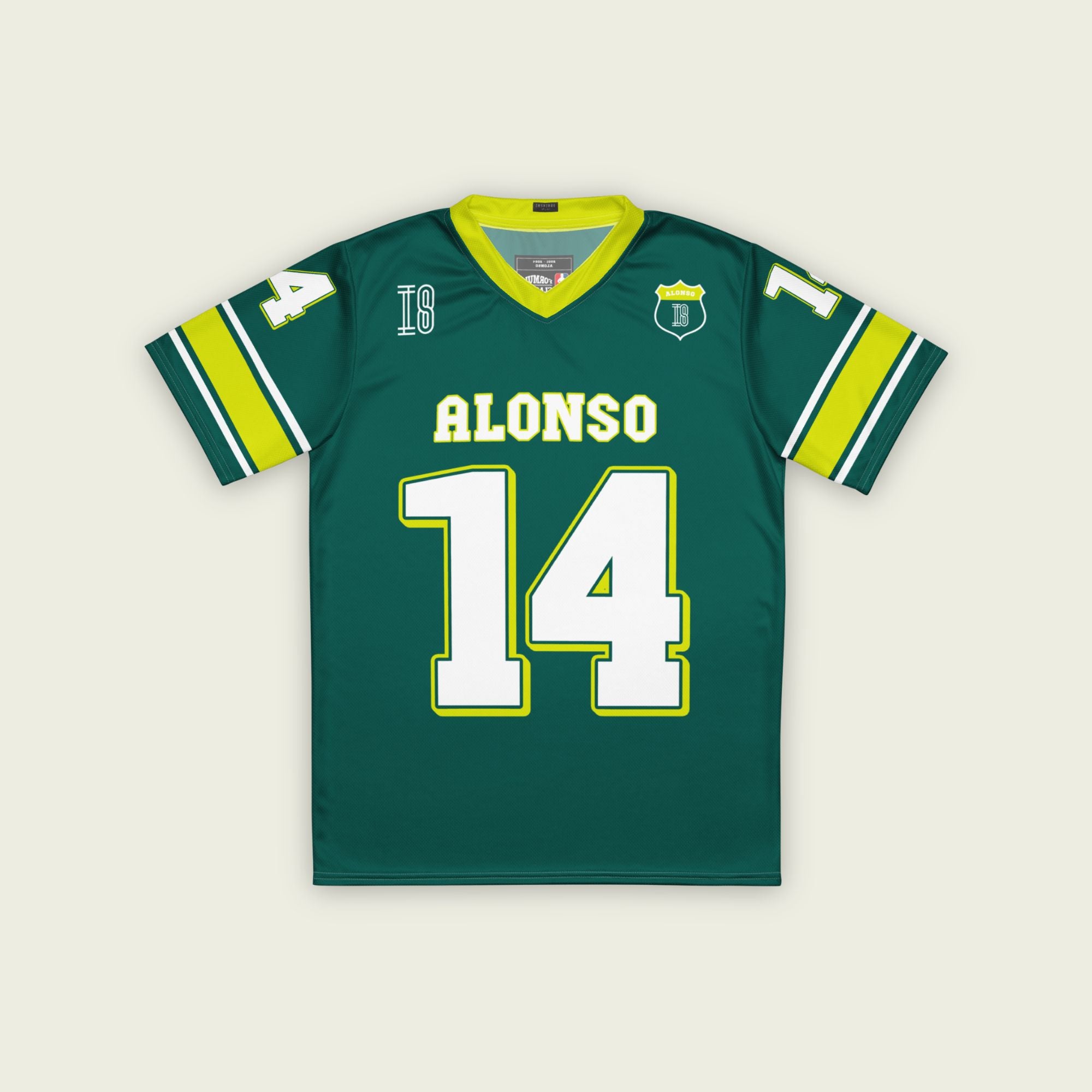 A dark green and highlight yellow football jersey with Fernando Alonso's Aston Martin F1 racing numer 14 on the front and back in white.
