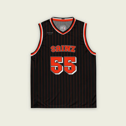 A black basketball singlet with red pinstripes. It has Carlos Sainz's Ferrari F1 Racing number 55 on the front and back in red.