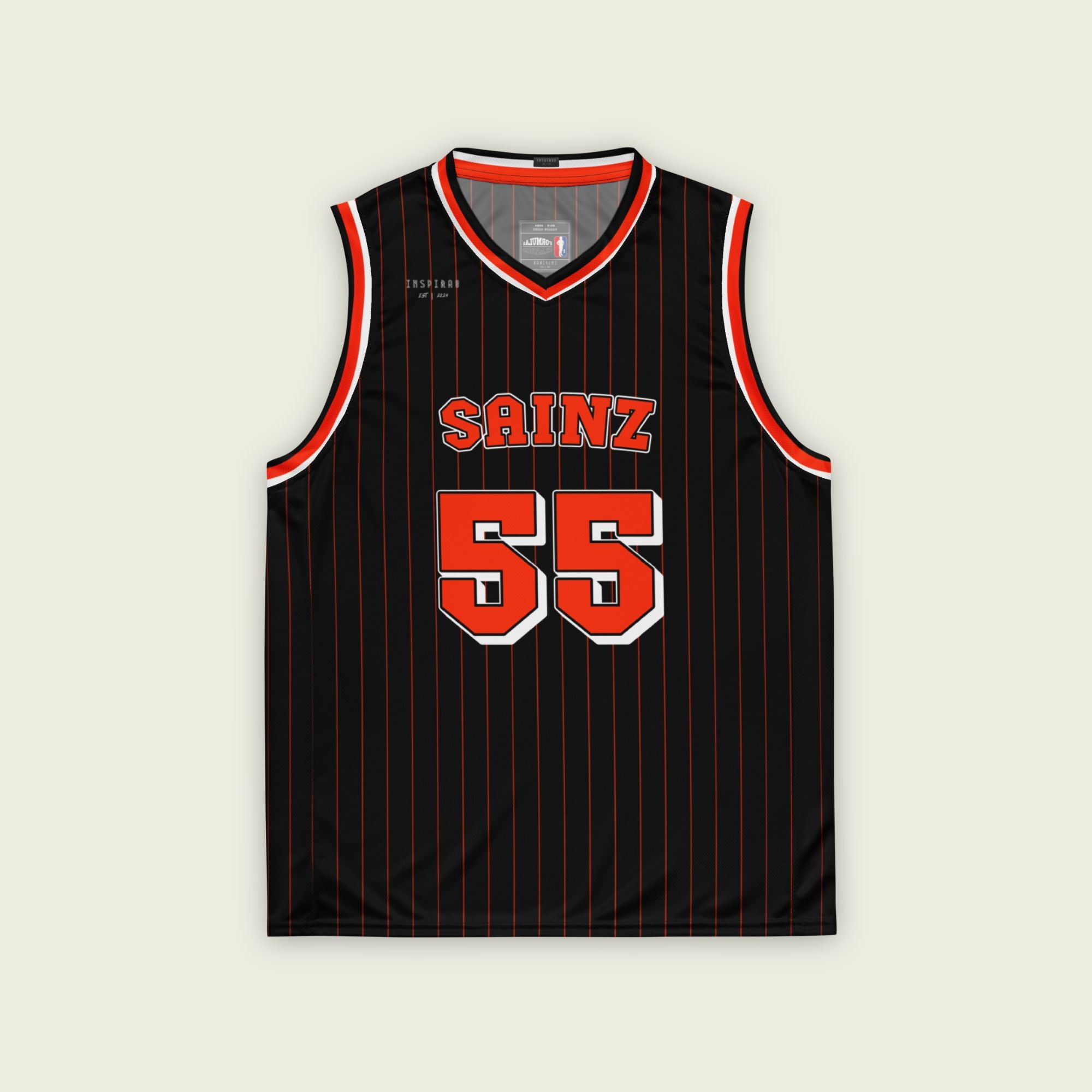 A black basketball singlet with red pinstripes. It has Carlos Sainz's Ferrari F1 Racing number 55 on the front and back in red.