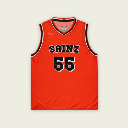 A red basketball singlet with Carlos Sainz jnr's Ferrari F1 racing number 55 in black on the front and back.