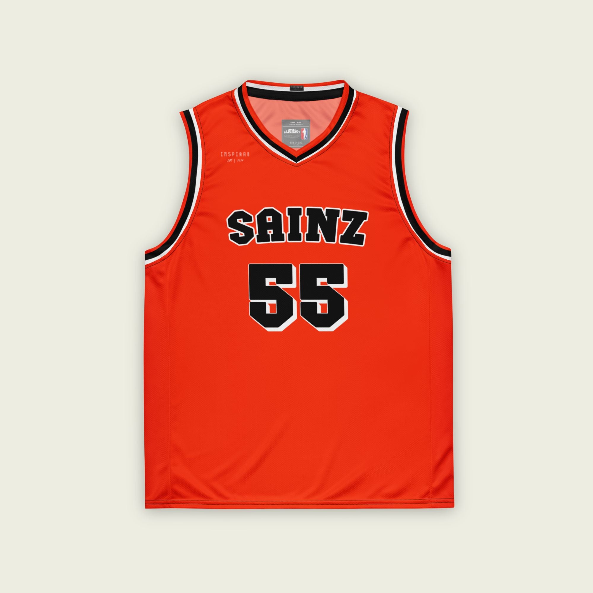 A red basketball singlet with Carlos Sainz jnr's Ferrari F1 racing number 55 in black on the front and back.