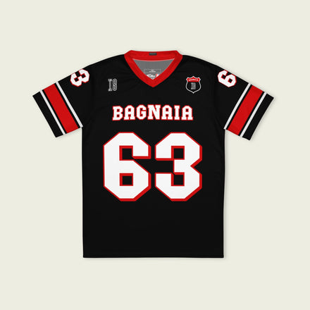 A black and red football jersey with Francesco Bagnaia Moto GP racing number 63 in white with a red outline.