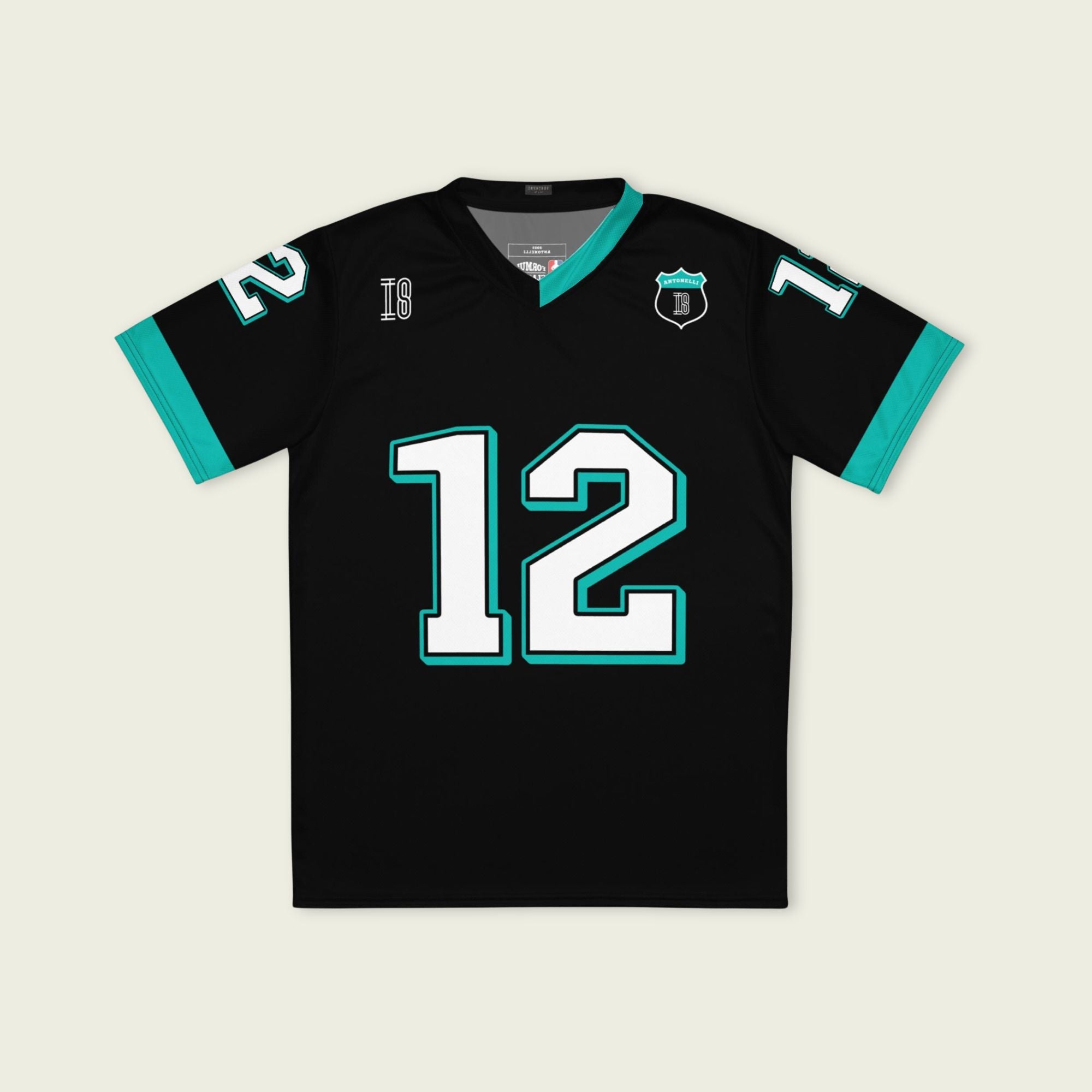 A black and AMG Green football jersey with Andrea Kimi Antonelli's Mercedes F1 racing number 12 on the back and front in white. It has the name Antonelli in green on the front and back as well.