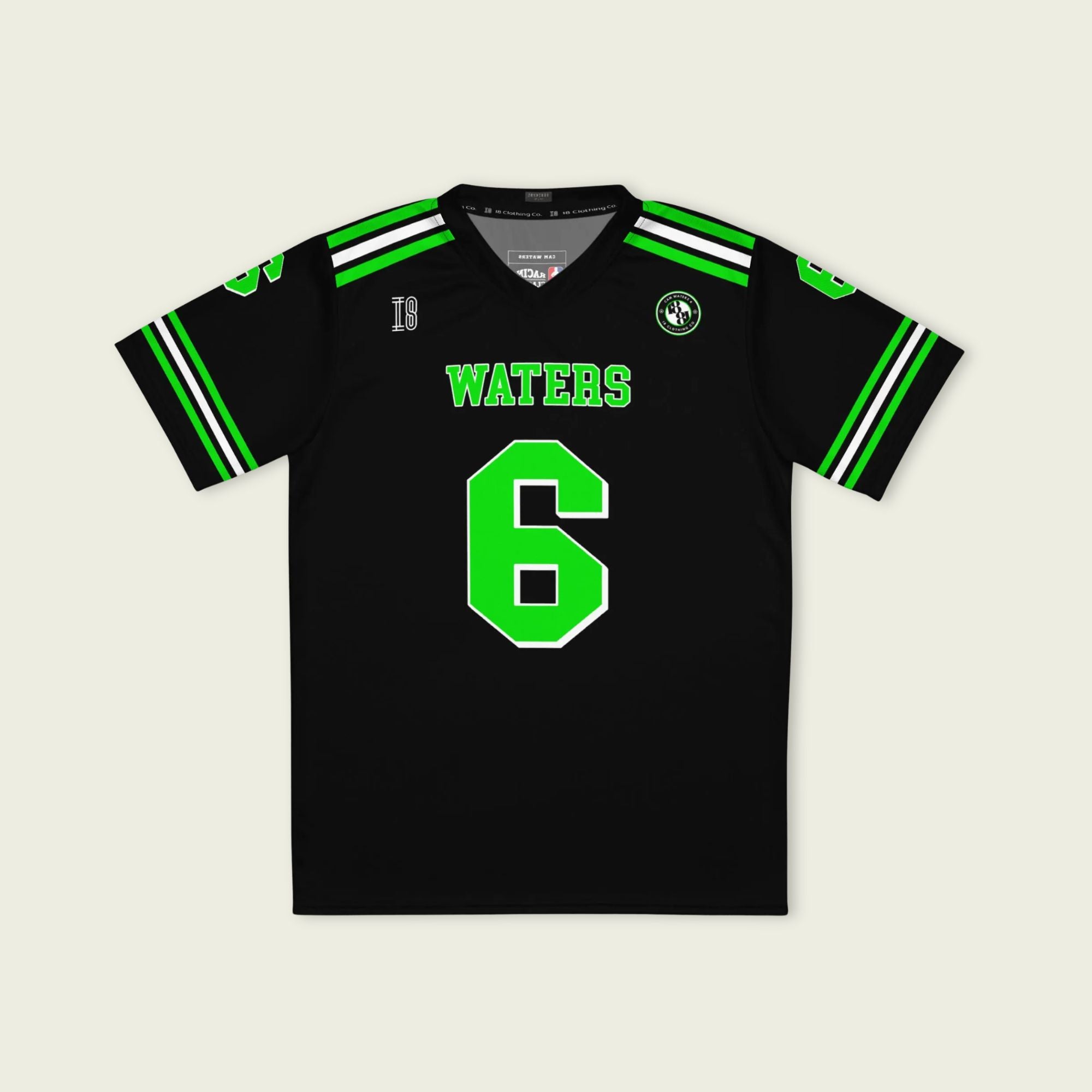 Black sports jersey with green and white accents, featuring the word 'WATERS' and the number '6'.