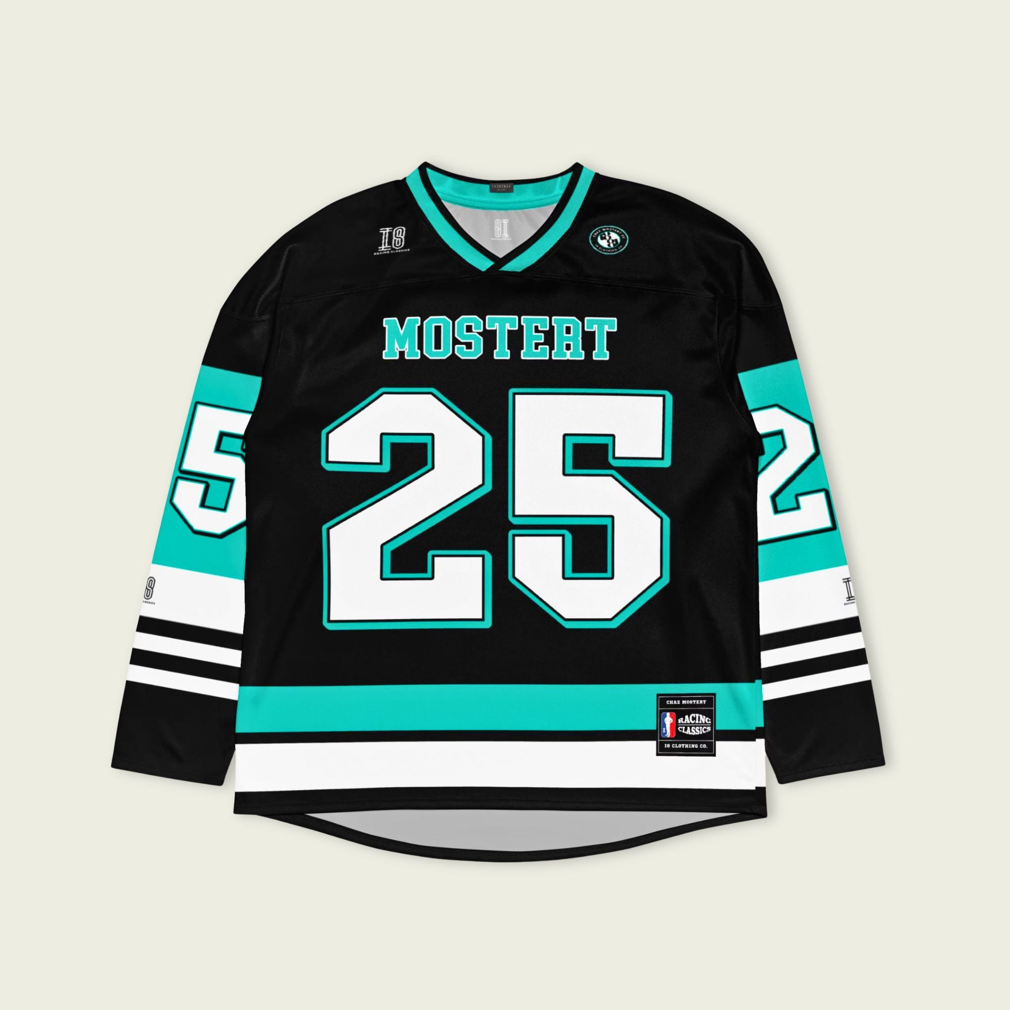 Black hockey jersey with teal and white accents, featuring the name 'Mostert' and number '25'.