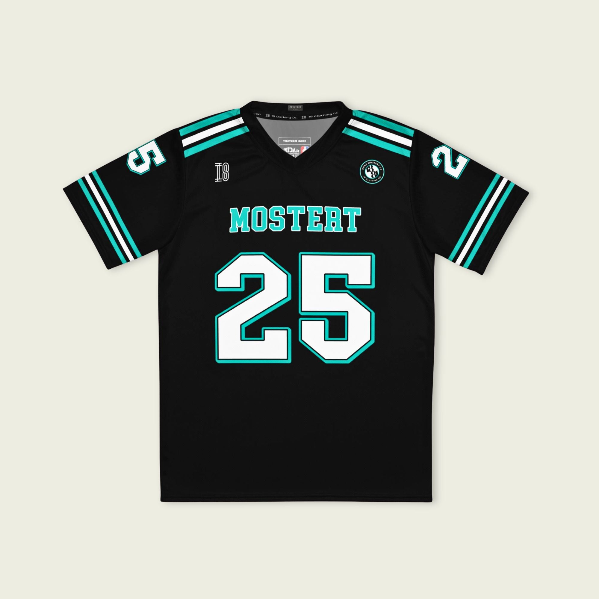 Black sports jersey with teal and white accents, featuring the name 'Mostert' and number '25'.