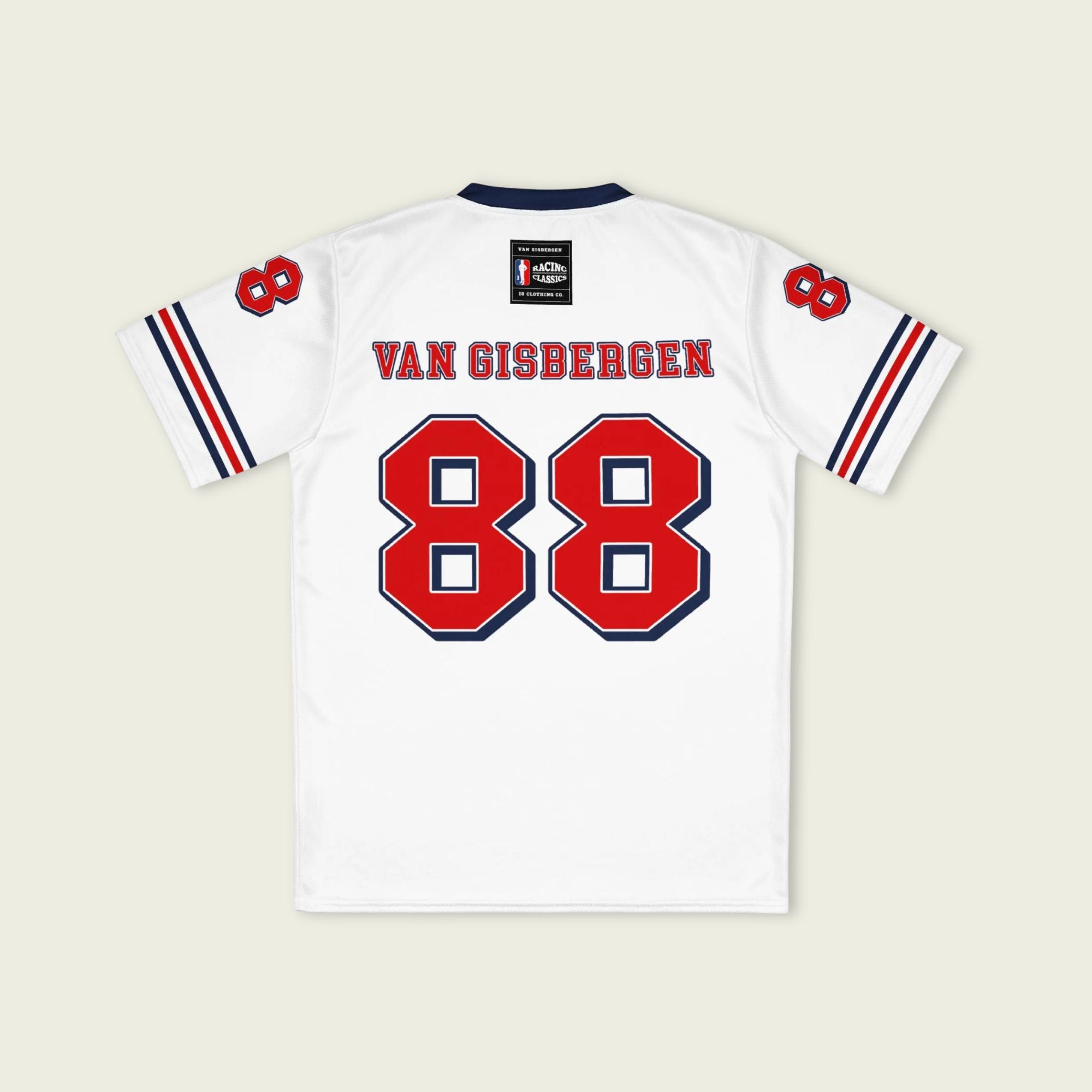 White sports jersey with red and blue details, featuring the name 'Van Gisbergen' and number '88'.