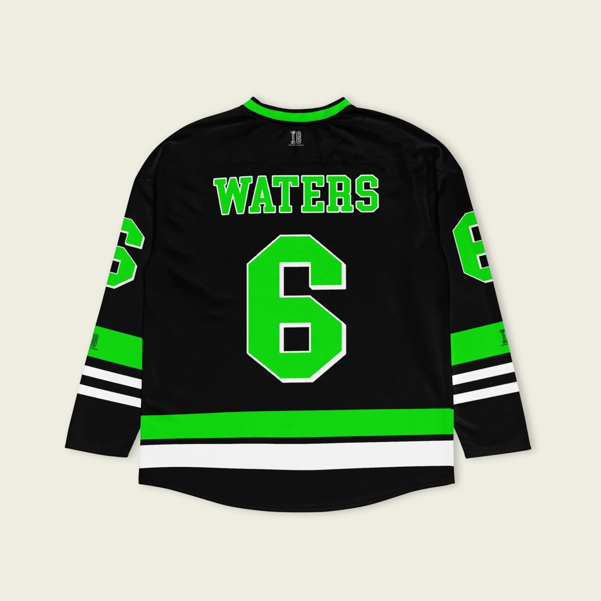Black hockey jersey with green and white accents featuring the name 'WATERS' and number '6'.