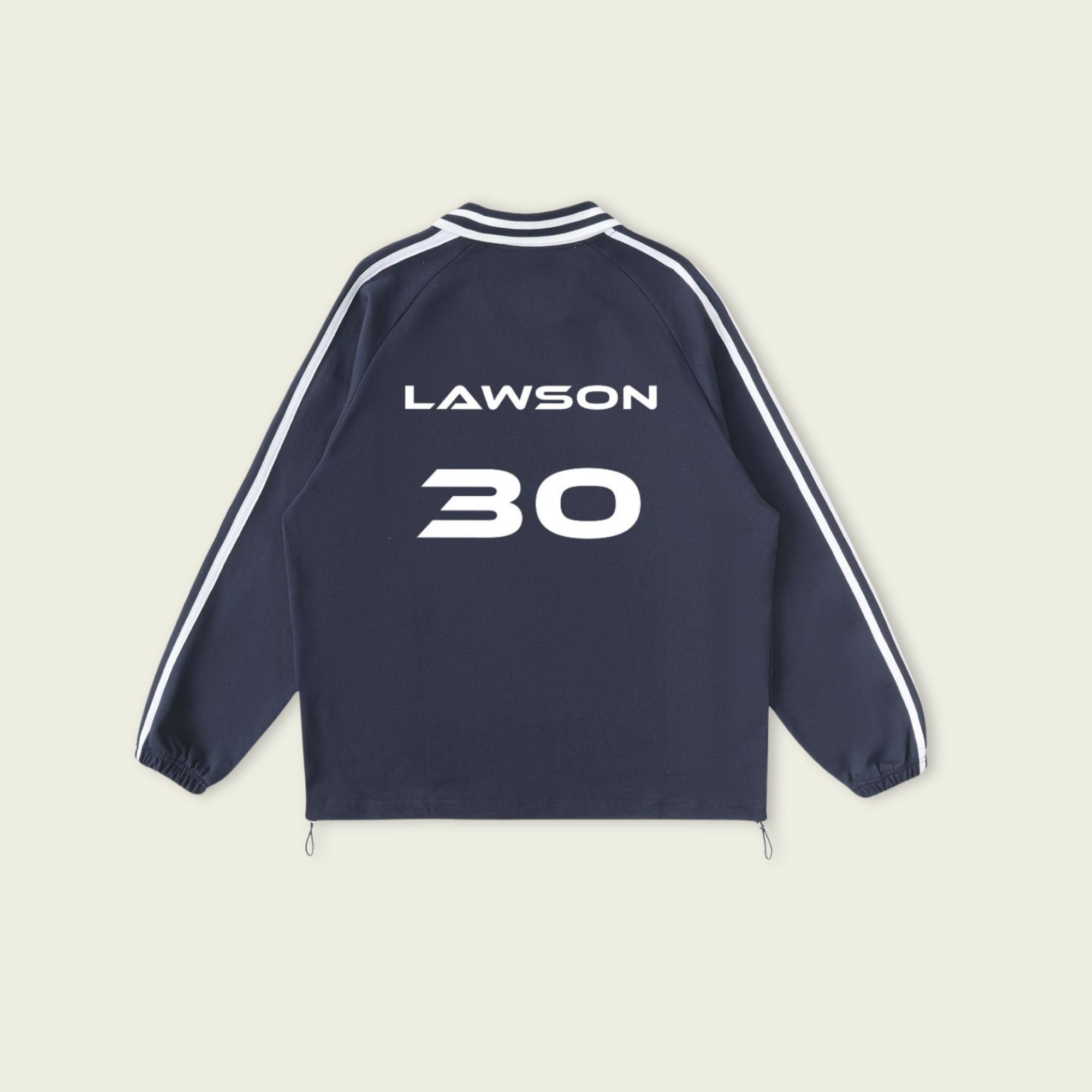 Navy jacket with 'Lawson' and number '30' on a beige background
