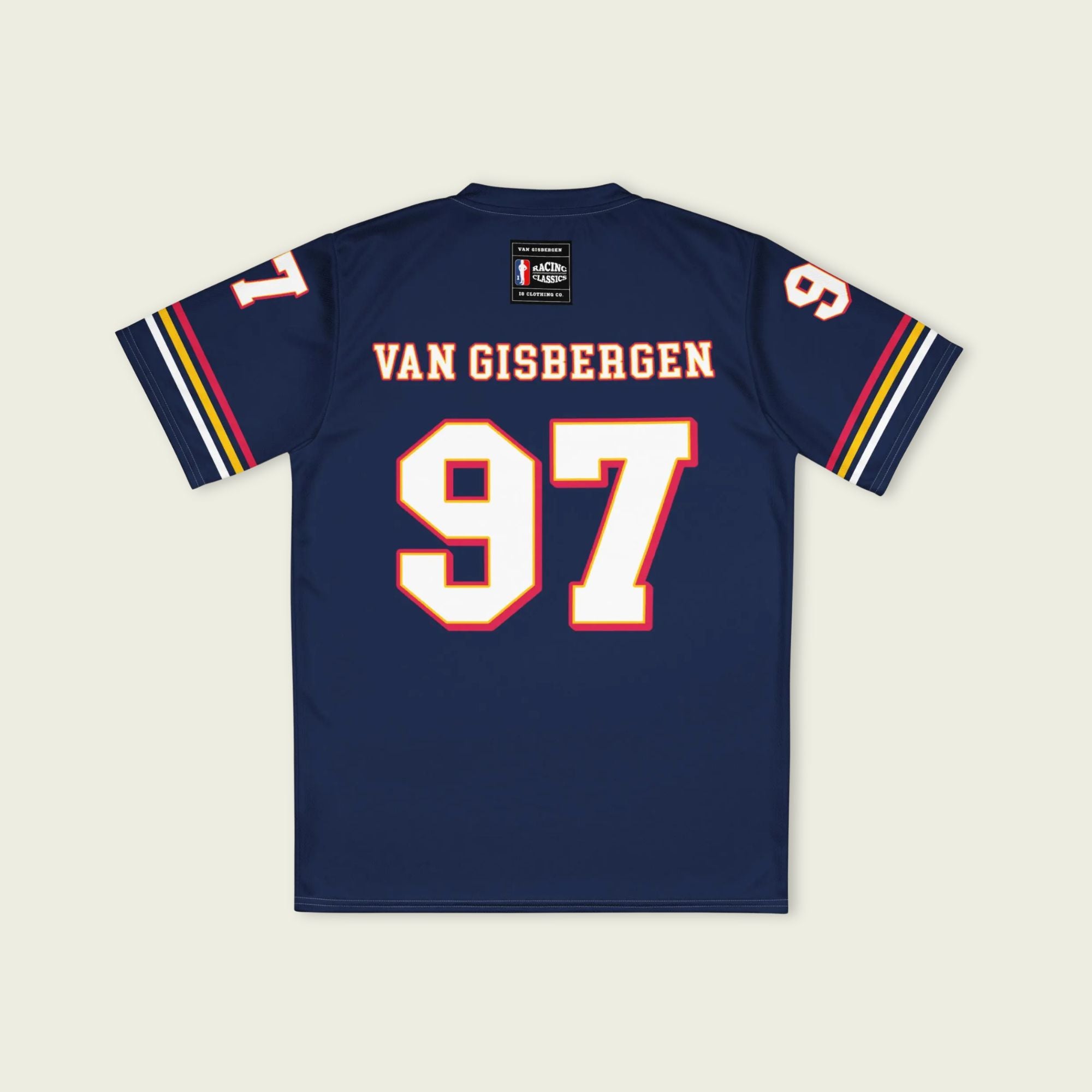 Navy blue sports jersey with 'Van Gisbergen' and number '97' on a beige background