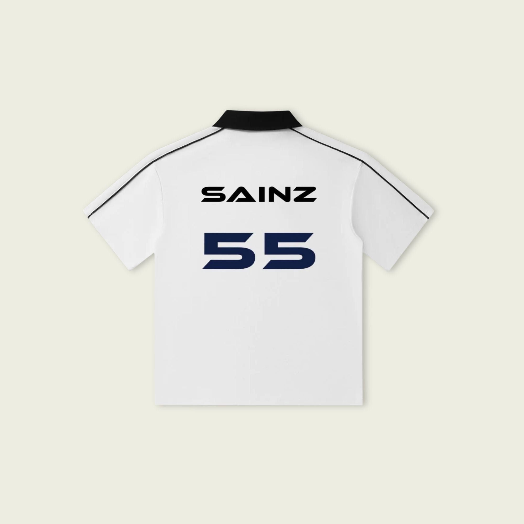 White polo shirt with 'SAINZ 55' branding on a light beige background