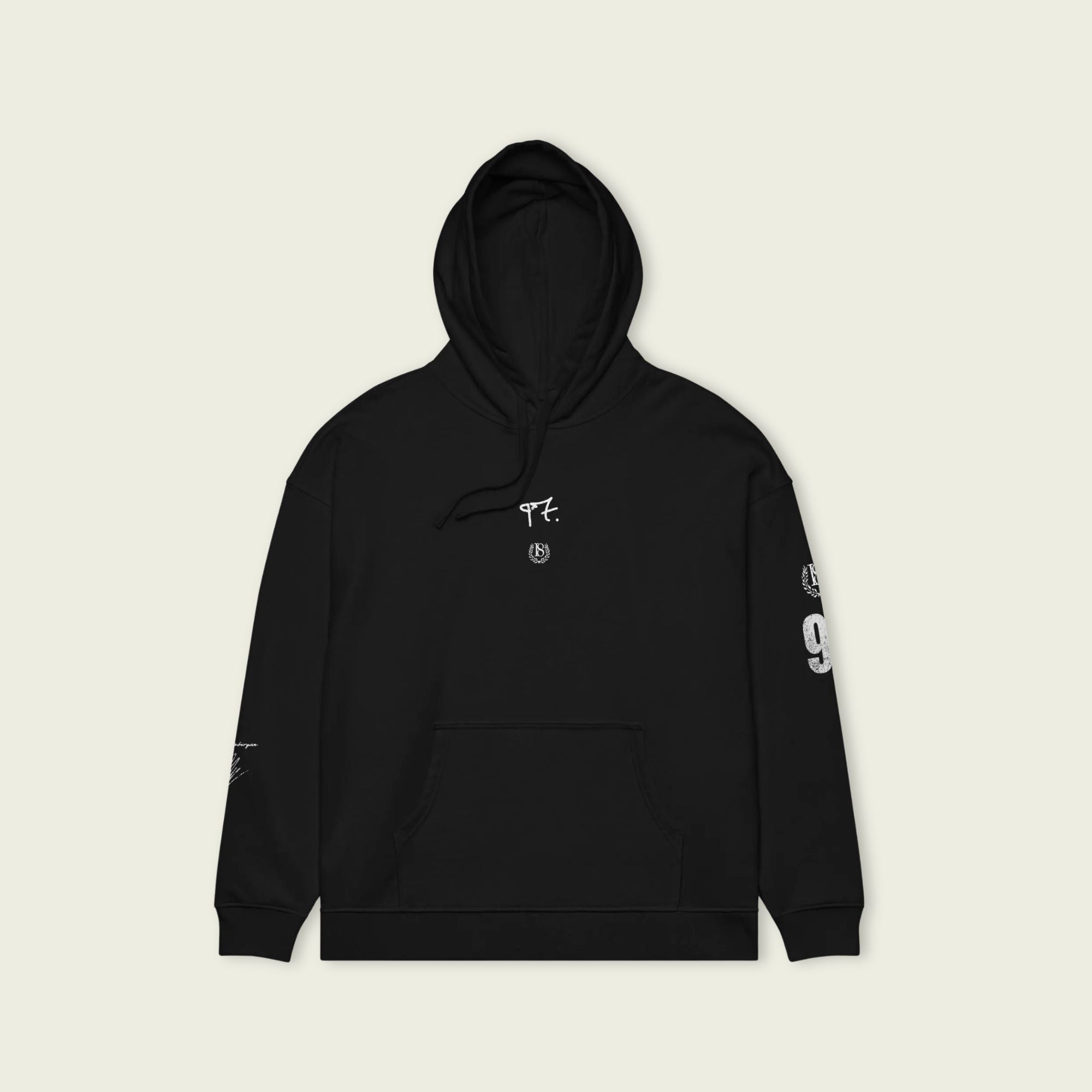 Black hoodie with white text and logos on a beige background