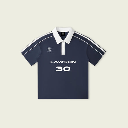 Navy blue polo shirt with white accents and 'Lawson 30' text on a beige background