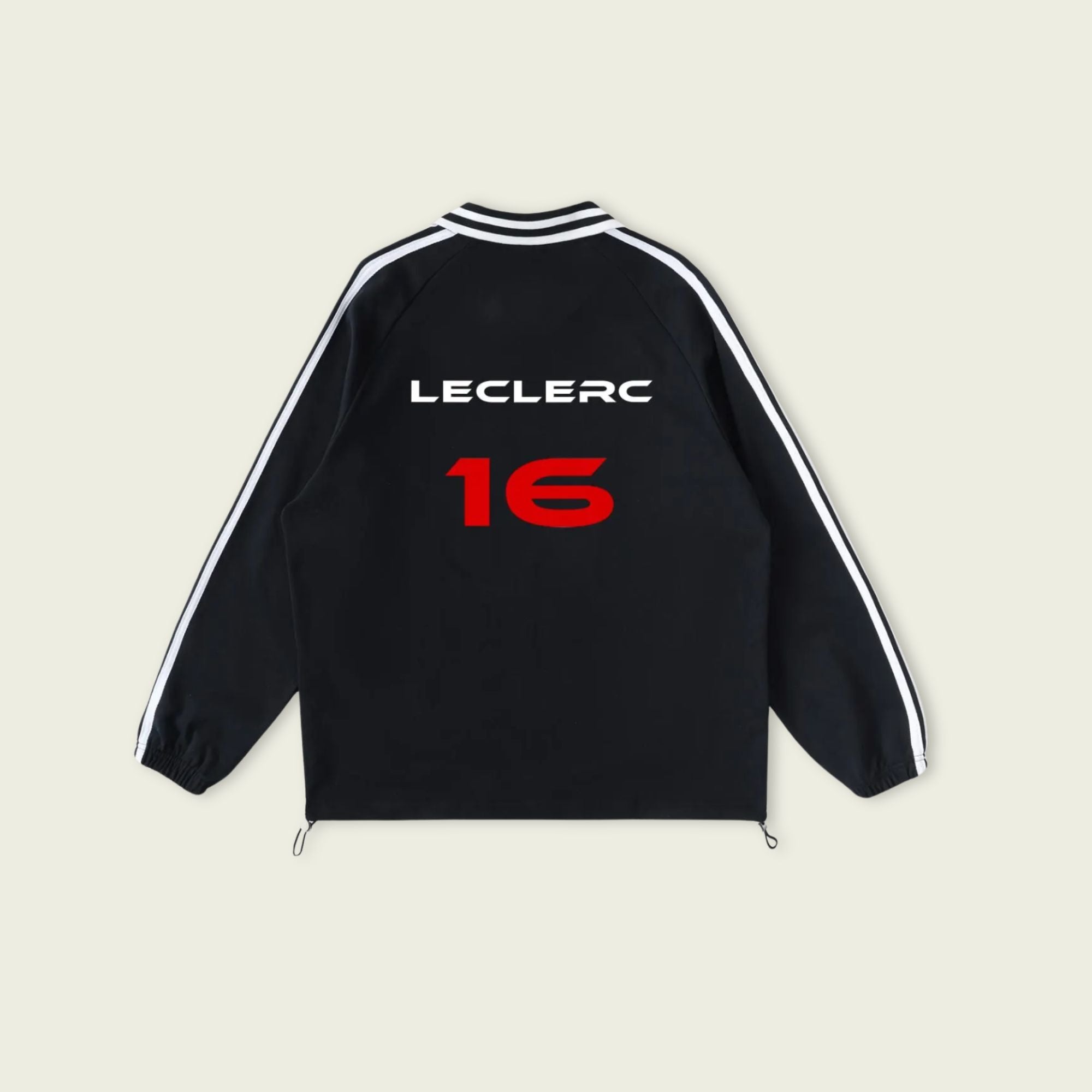 Black jacket with 'LECLERC' and number '16' on a beige background