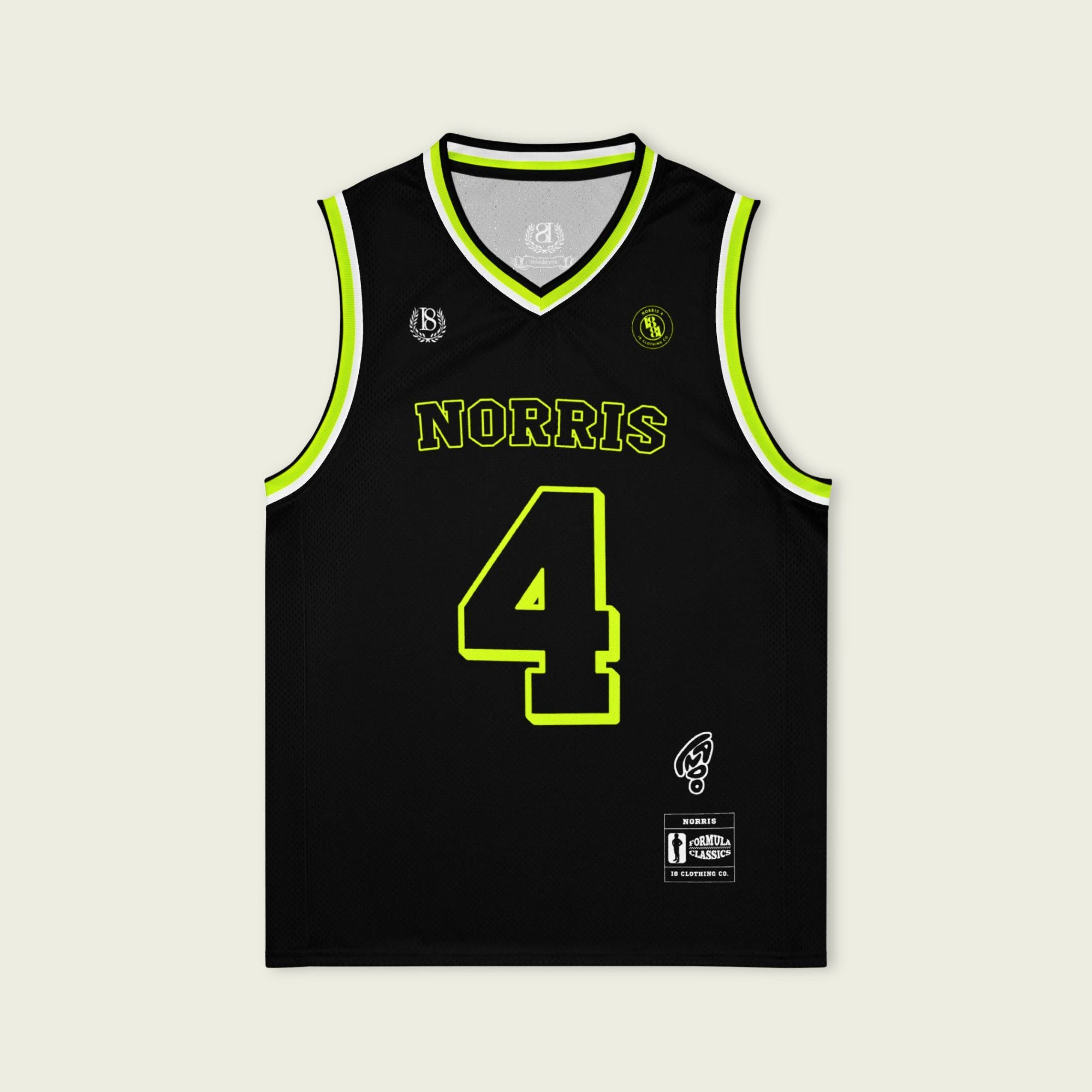 Black basketball jersey with 'Norris' and number '4' on a light gray background