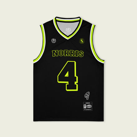 Black basketball jersey with 'Norris' and number '4' on a light gray background