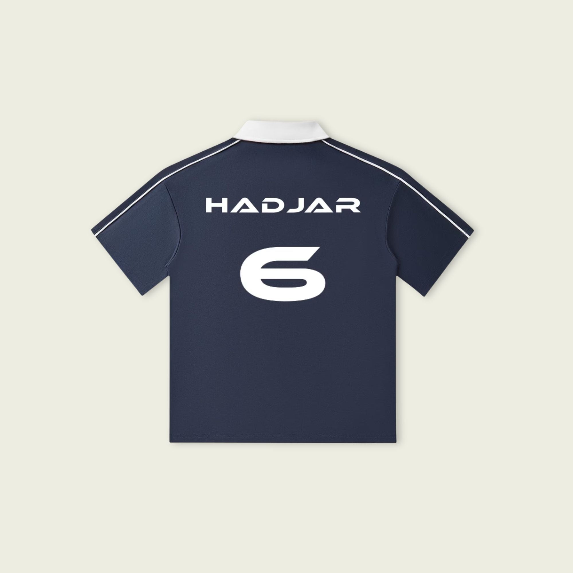 Navy blue sports jersey with 'HADJAR' and number '6' on a beige background