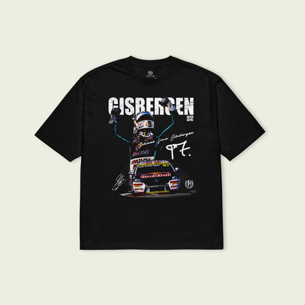 Black t-shirt with racing graphic and text on a beige background